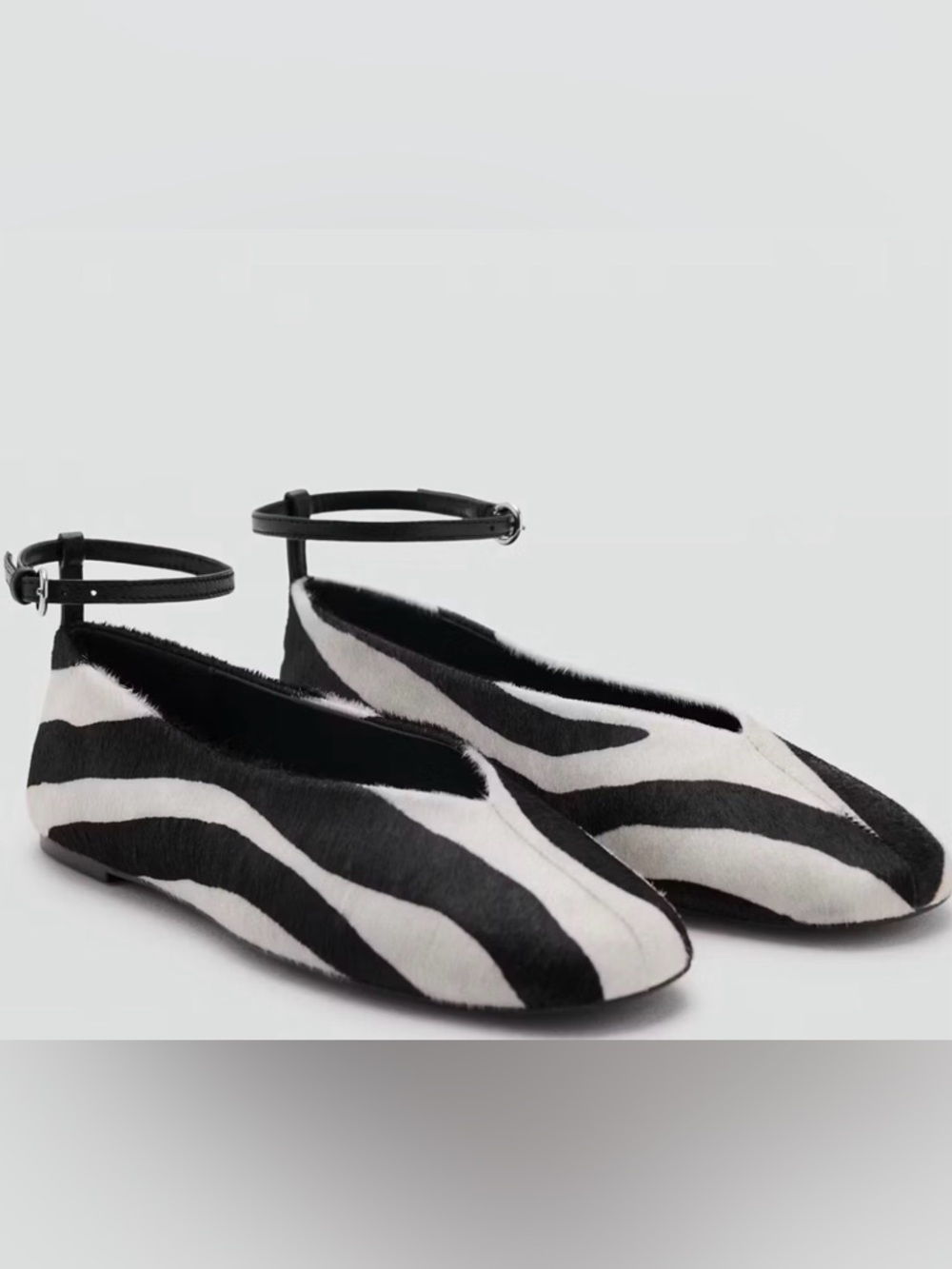 Mango Zebra-Print Ankle-Strap Flats in Black and White